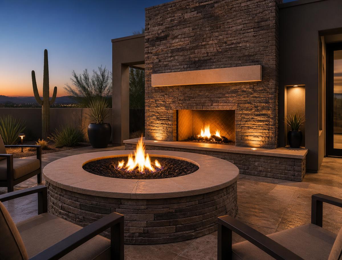 Stone gas fire pit and outdoor fireplace glowing at dusk in a desert backyard