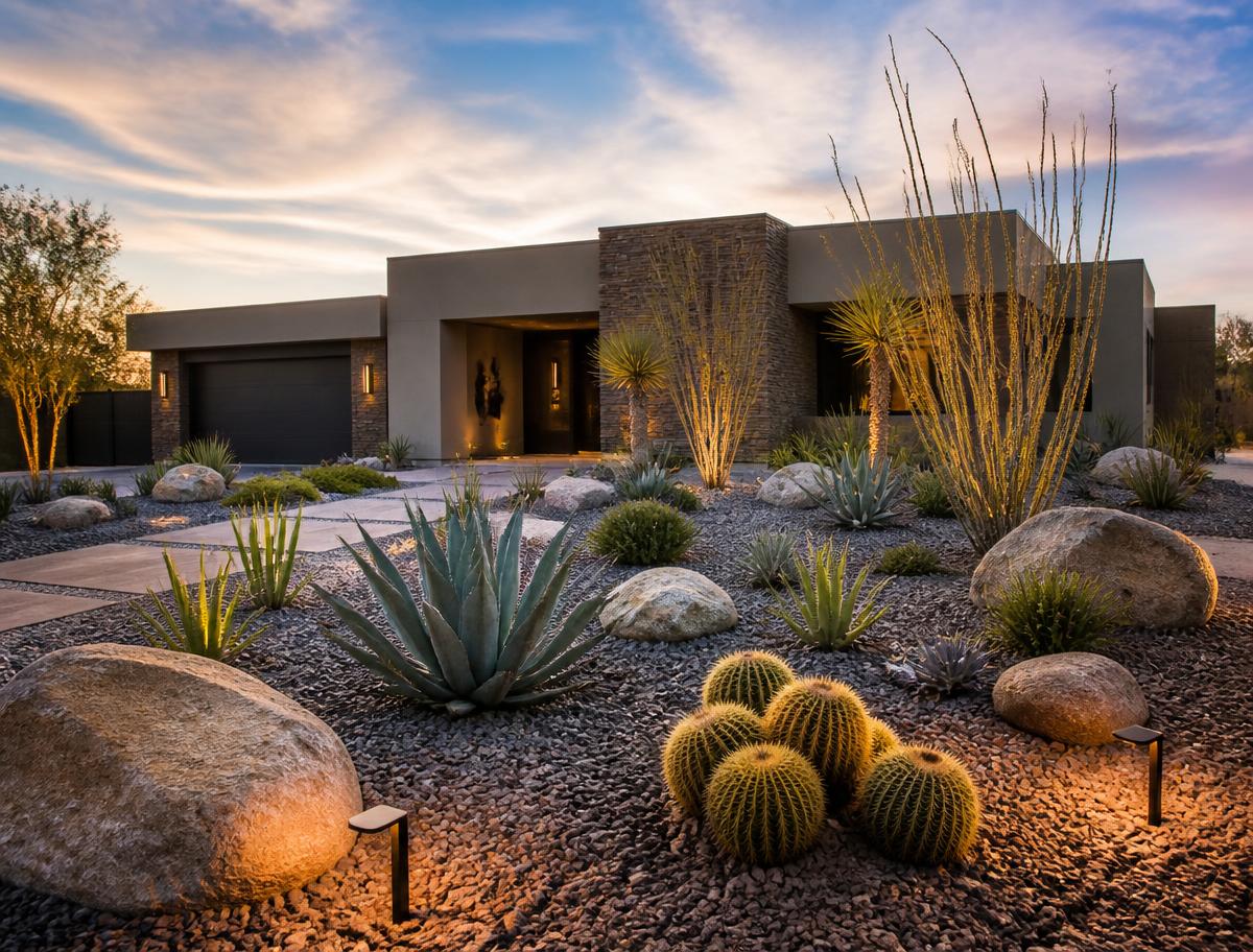 Desert landscape renovation with boulders, agave and cactus