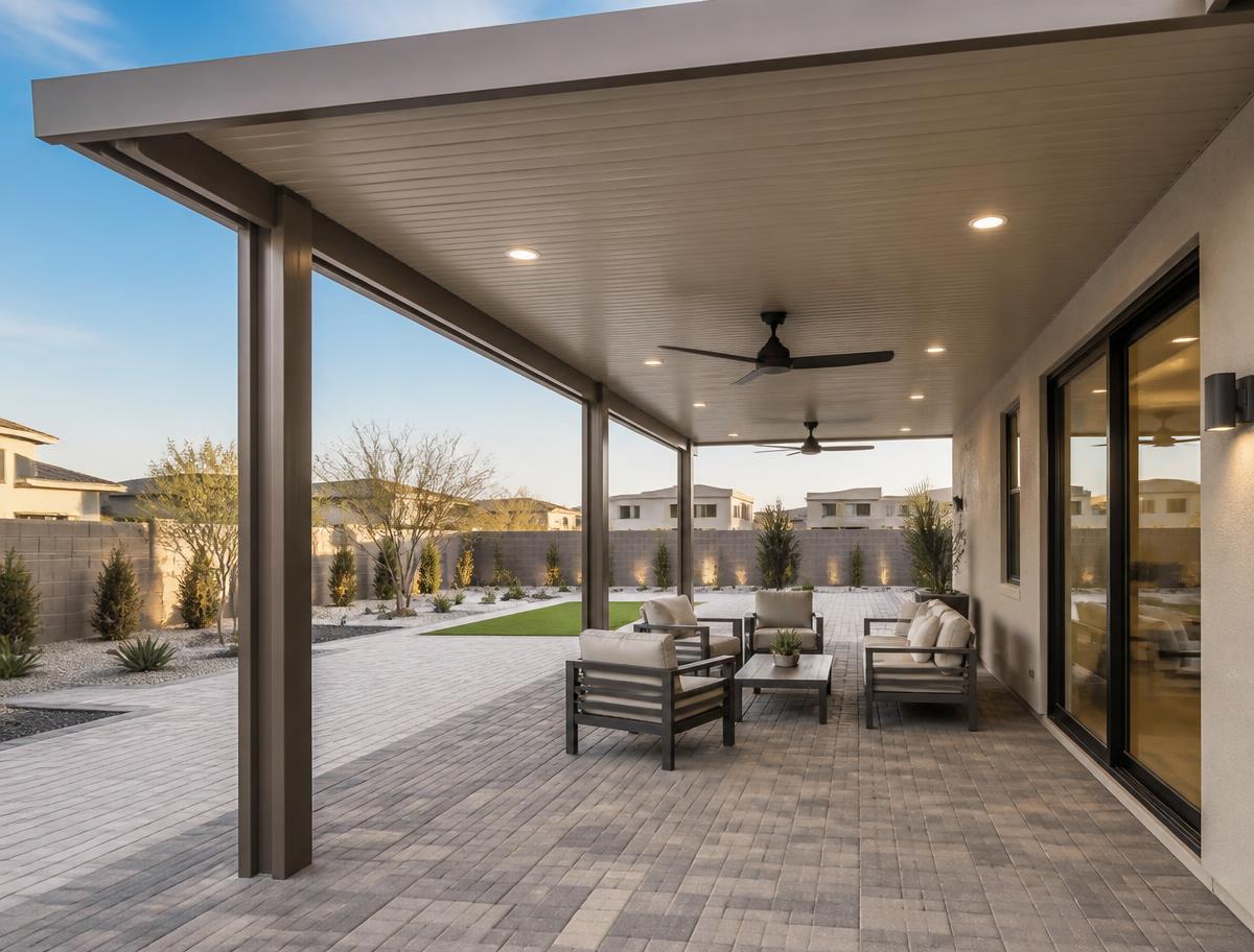 Attached solid patio cover with recessed lighting over a paver patio