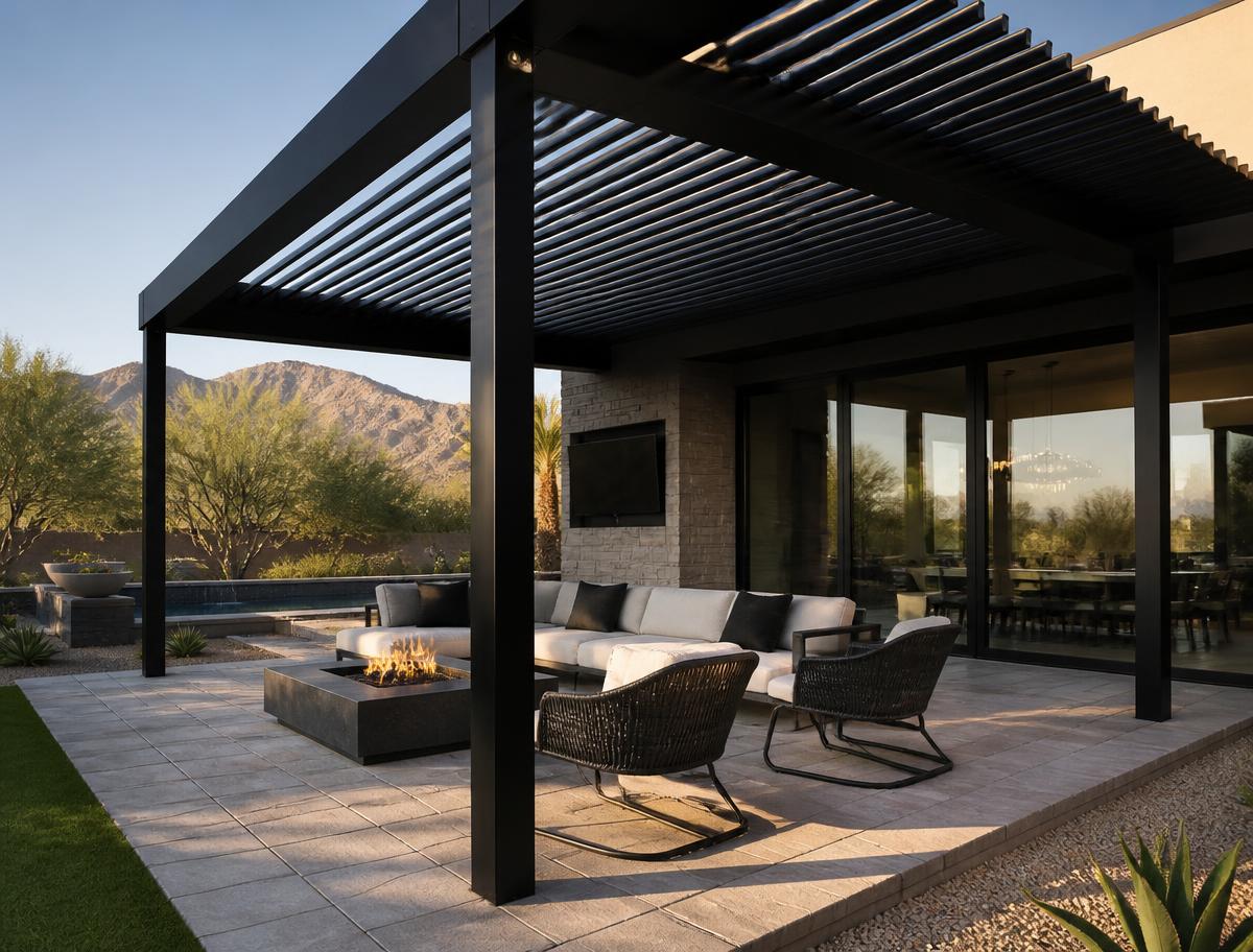 Black louvered aluminum pergola over a patio lounge area with fire table
